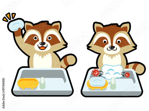 【感染症予防】アライグマの可愛い手洗いポーズ（準備＆洗浄中）