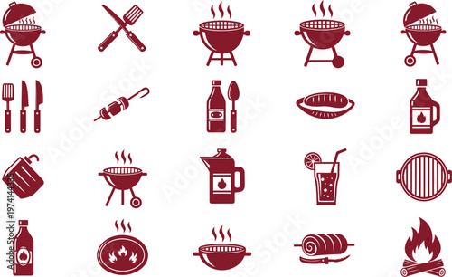 A collection of red icons related to barbecue and outdoor cooking