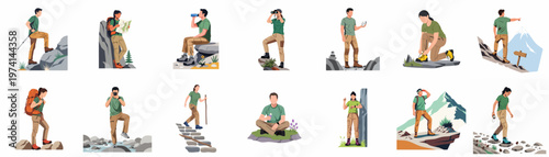 Collection of diverse hikers and trekkers engaging in various outdoor activities like map reading, photography, and climbing in a flat illustration style.
