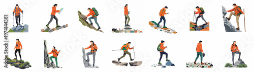 Set of flat vector illustrations of male and female hikers and climbers in orange jackets performing various outdoor activities on rocky mountain terrain.
