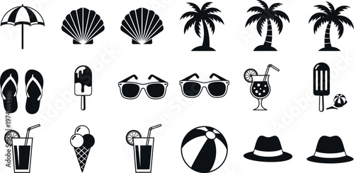 A collection of black and white summer icons