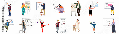 A comprehensive collection of diverse people presenting, brainstorming, and teaching using various whiteboards and flip charts in a flat illustration style.