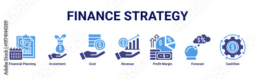 Finance Strategy web banner icon vector illustration with icons of Financial Planning,Investment,Cost,Revenue,Profit Margin,Forecast and Cashflow