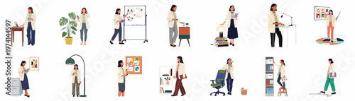 Vector collection of a professional woman in various work-from-home and office scenarios, including presentations, desk work, and remote meetings.