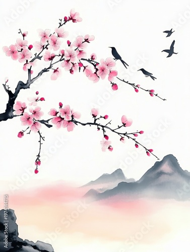 Pink Blossom Branch with Birds and Misty Mountains