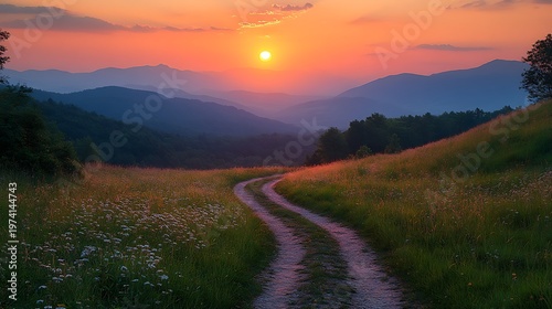 Sunset over mountain path