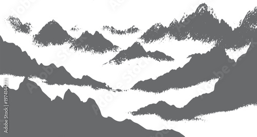 Gray ink wash mountain range silhouette