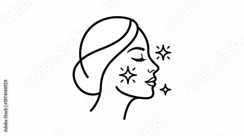 Minimalist line art illustration of a beautiful woman profile with sparkling skin glow on white background, represents skincare treatment benefits and symbolizing cosmetic brand identity