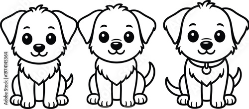 Cute puppy cartoon set, adorable dog characters illustration, smiling pets collection, simple outline vector style, , 
