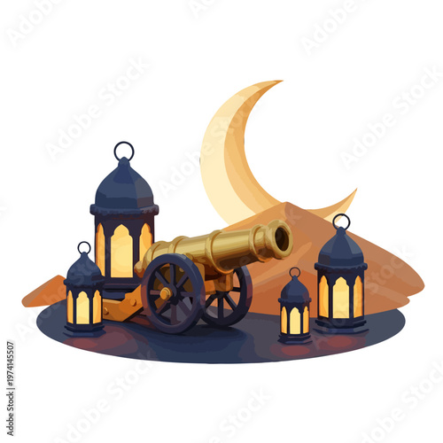 Decorative cannon with lanterns and crescent moon on desert landscape