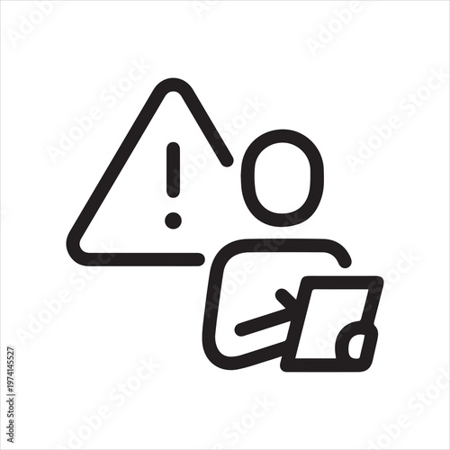 User with warning sign, linear icon. Account alert or profile issue. Line with editable stroke.