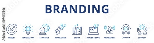 Branding banner web icon vector illustration concept with icon of target, innovation, strategy, marketing, story, advertising, awareness, quality and loyalty