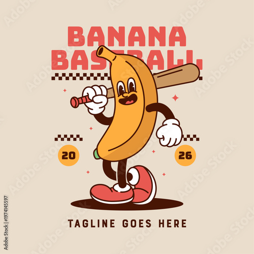 Vintage rubber hose banana mascot holding baseball bat over shoulder, focused and confident expression. Full color retro fruit character.