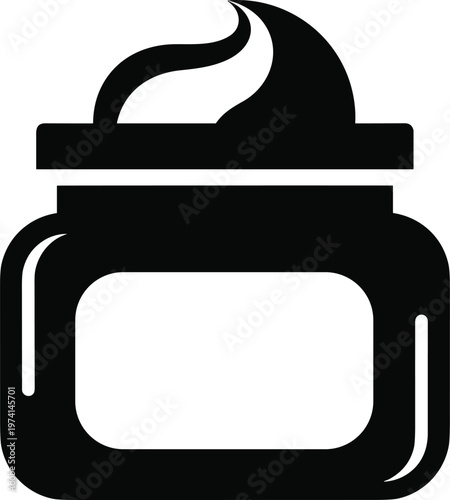 Black icon silhouette of a jar with cream or cosmetic product for beauty and skincare application.