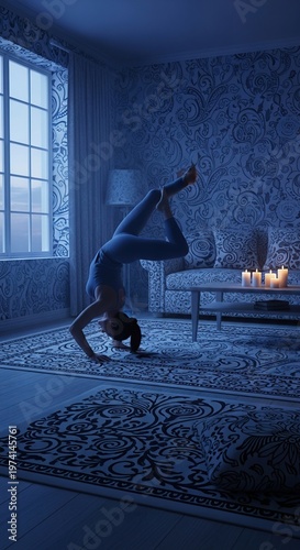 Yoga pose in a dimly lit room with a rug and candles.
