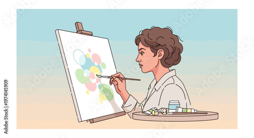 Adult male artist painting colorful abstract art on canvas in studio with soft natural lighting for creative inspiration