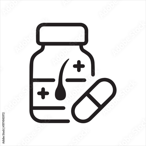 Supplement bottle with capsule, linear icon. Hair growth and health support. Line with editable stroke.