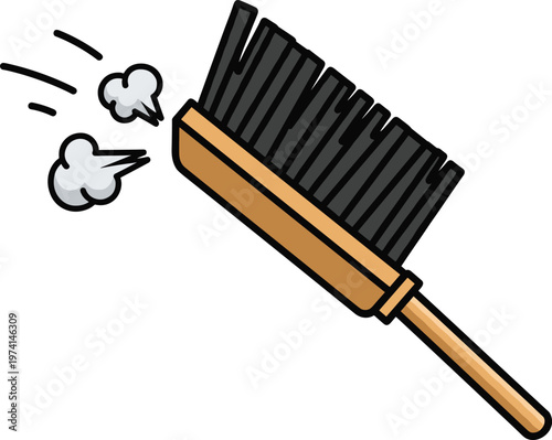 Cartoon broom sweeping dust particles illustration isolated on transparent background with motion line.