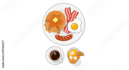 Delicious breakfast plate with pancakes bacon eggs sausage coffee and orange juice on table