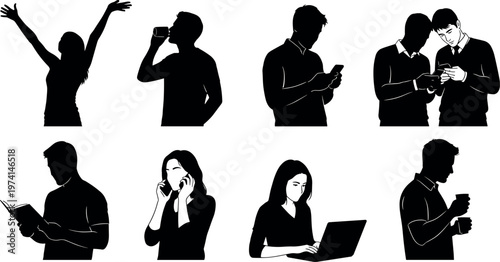 Black Silhouette Vector Set of People Engaged in Daily Activities Like Reading Drinking Coffee Using Laptops and Talking on Phones