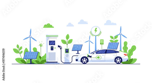 Electric car charging at renewable energy station with solar panels and wind turbines nearby.
