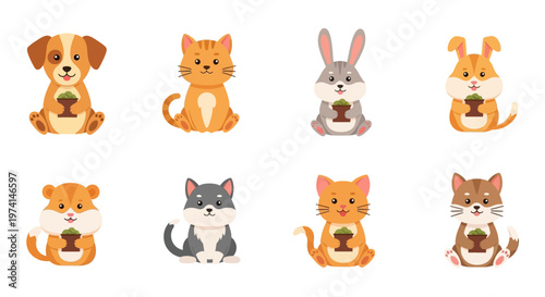 Cute cartoon animals sitting with potted plants on white background illustrations