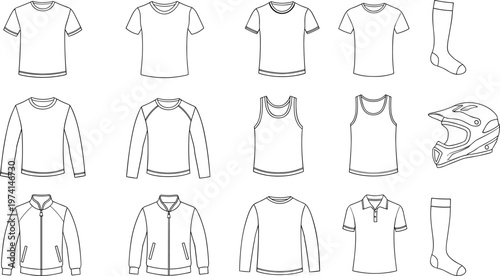 Collection of various outlined clothing items including t-shirts, socks, and a helmet.