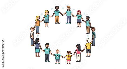Diverse group of people holding hands in a circle standing together.