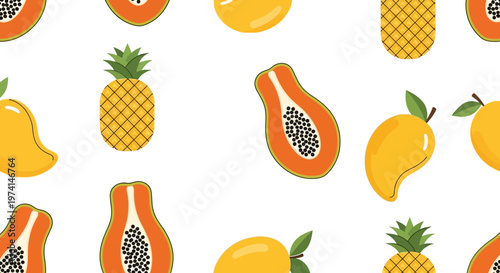 Vibrant illustration of papaya, pineapple, and mango fruits on a white background