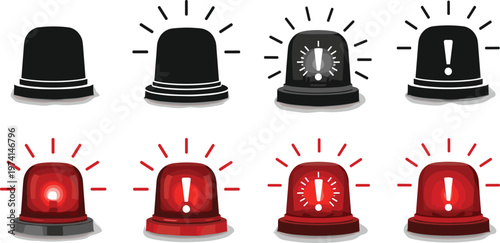 Collection of warning light sirens flashing red and black for emergency or alarm.