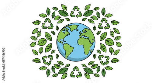 Earth surrounded by green leaves and recycling symbols in a circular pattern illustration.