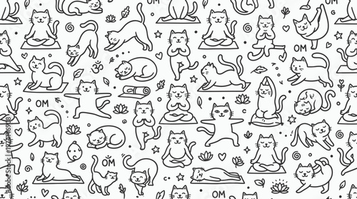 Hand drawn seamless pattern of cute doodle cats practicing various yoga poses and meditation on white background, symbolizing holistic wellness and mindfulness lifestyle branding
