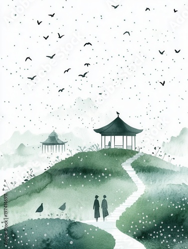 Serene Watercolor Landscape with Pagodas and Birds
