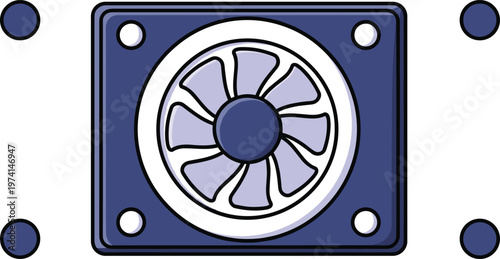 Computer cooling fan with screws on gray checkered background, technology concept.