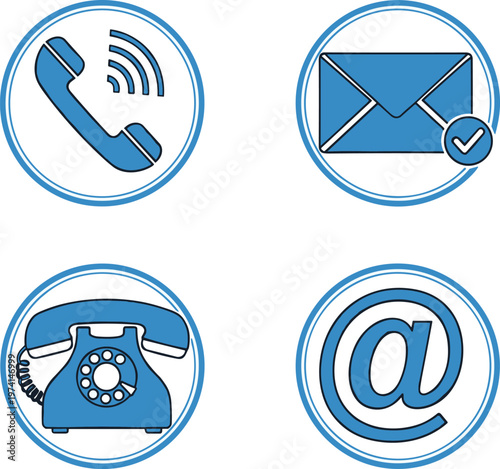 Contact us icons set with telephone handset envelope email at symbol and vintage rotary phone blue.