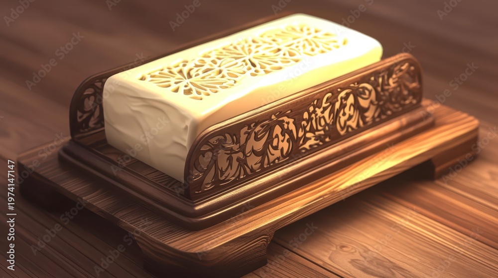 Fototapeta premium Elegant Butter Dish with Intricate Design on Wooden Table Surface