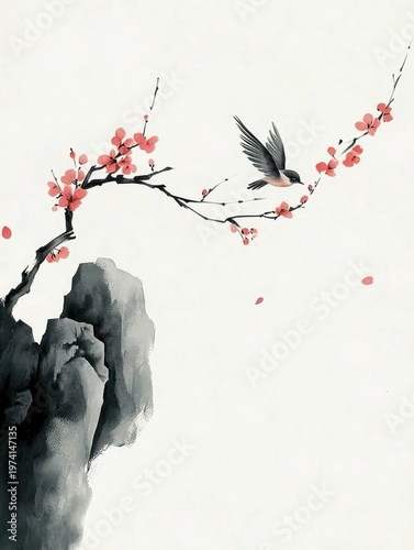 Ink Wash Painting of Bird and Plum Blossoms