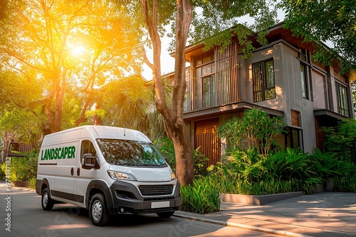 Gardening service van parked near house, copy space for text