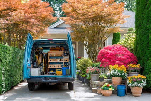 Gardening service van with tools in open trunk
