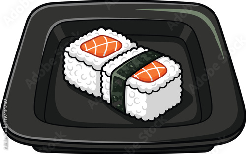 Delicious and fresh sushi roll served on elegant black plate traditional Japanese cuisine vector.