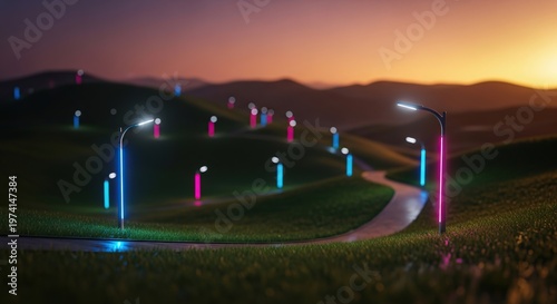 Illuminated landscape with colorful lights at dusk.