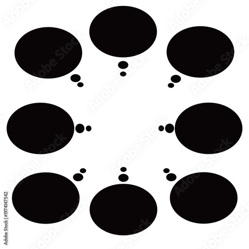 楕円形に丸いドットが付いた思考を表現する黒い吹き出しセット