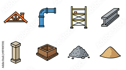 Construction Material and Building Element Icons Architectural Engineering Supplies Set