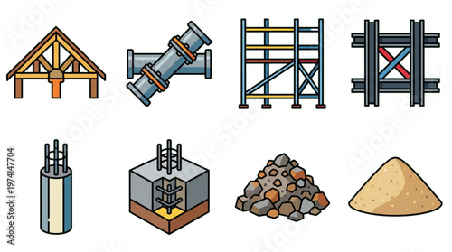 Construction and Building Materials Icons Engineering Elements Industrial Raw Supplies Set