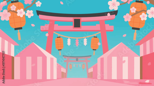 Illustration Of Sakura Festival Scenery With Lanterns And Blossoms Vector Design Template