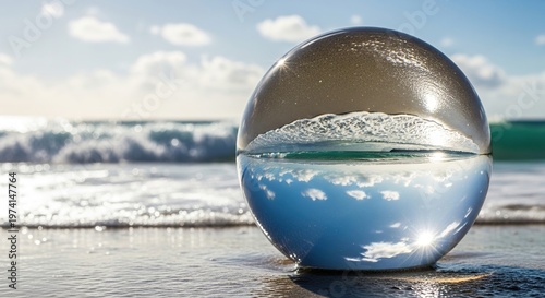 Ocean sphere reflecting waves and sky on the beach.