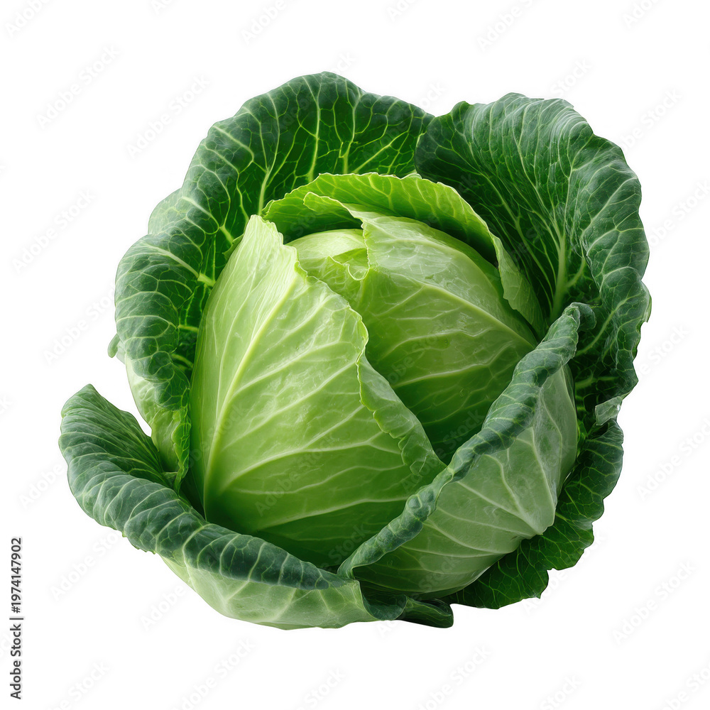 Fototapeta premium A fresh head of green cabbage with tightly packed leaves and a vibrant natural texture display isolated on transparent background
