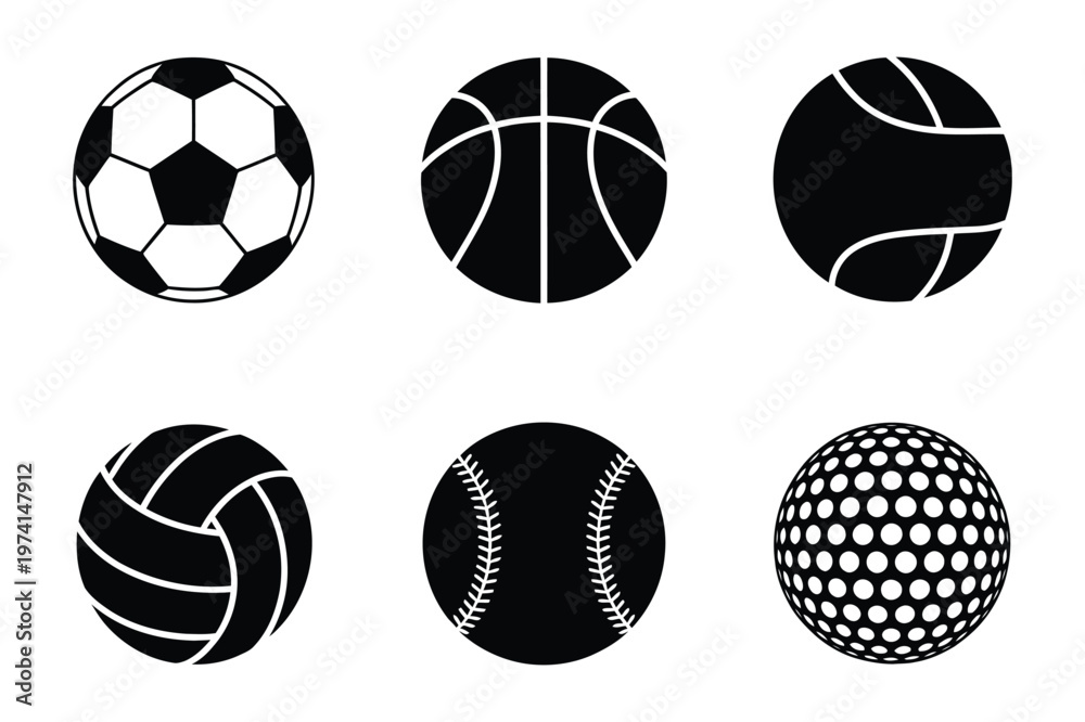 Obraz premium Set of different sports balls equipment silhouettes with basketball, volleyball