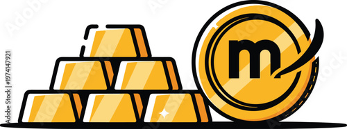 Gold bars and coin with m letter symbol representing finance investment wealth and cryptocurrency mining business.