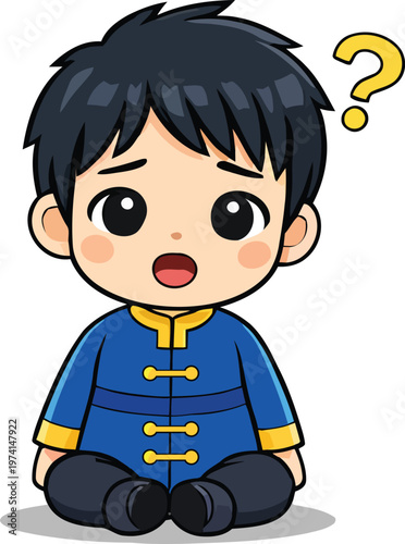 Confused Expression: A cute cartoon character is depicted with a look of confusion, with a question mark floating above his head.